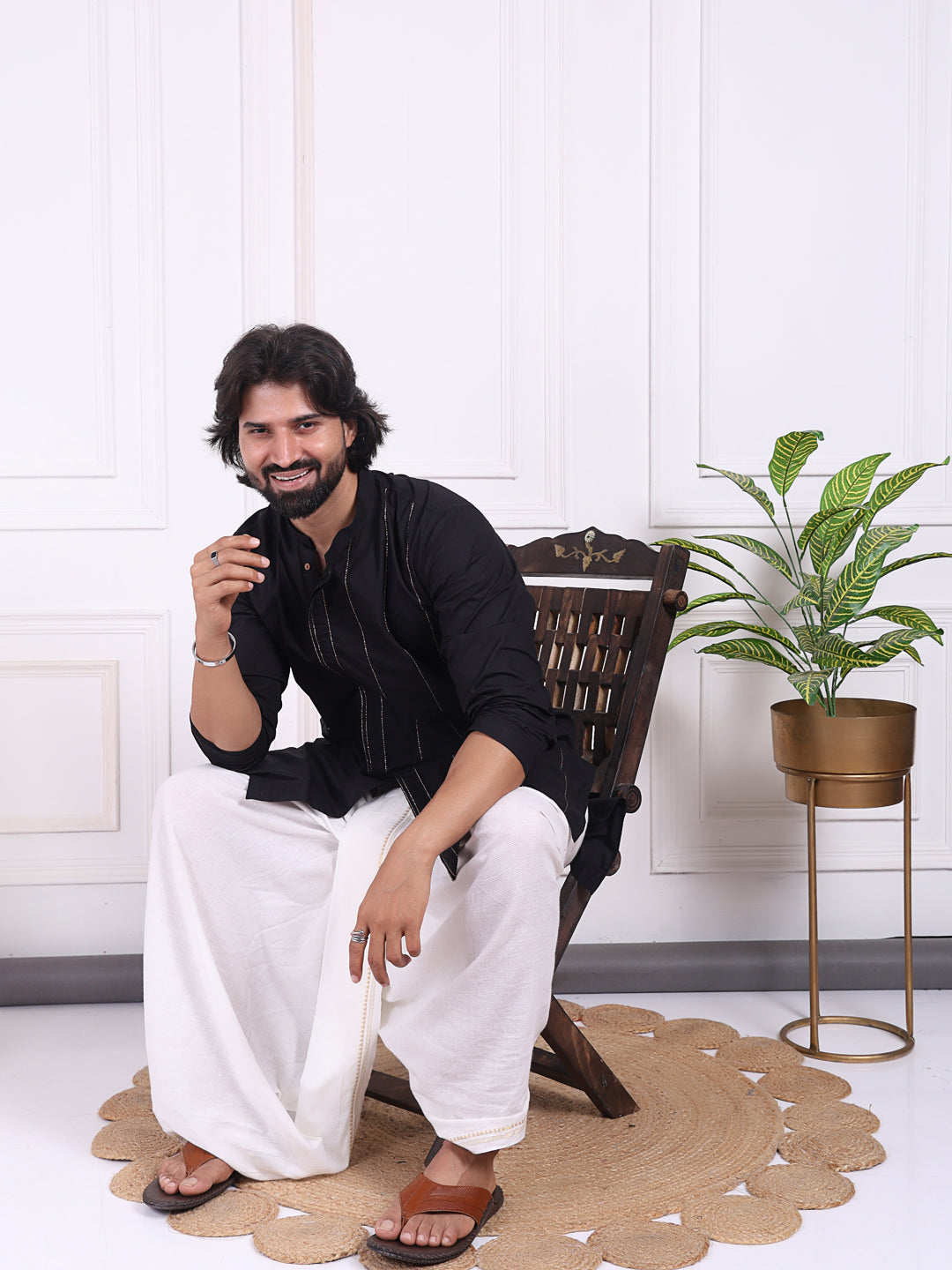 Black cotton kurta with golden thread detailing