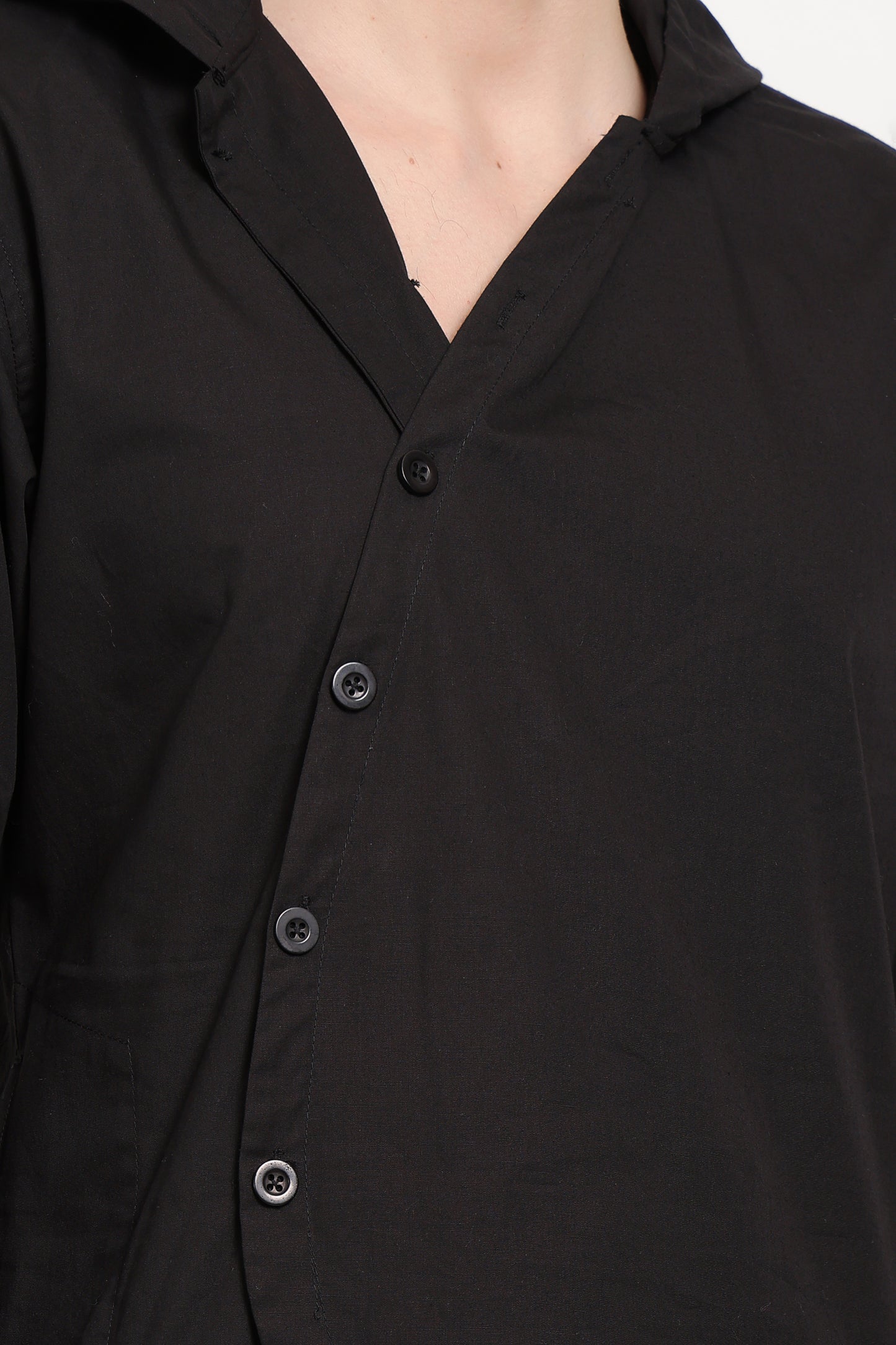 Asymmetric Black Hooded Kurta With Diagonal Button