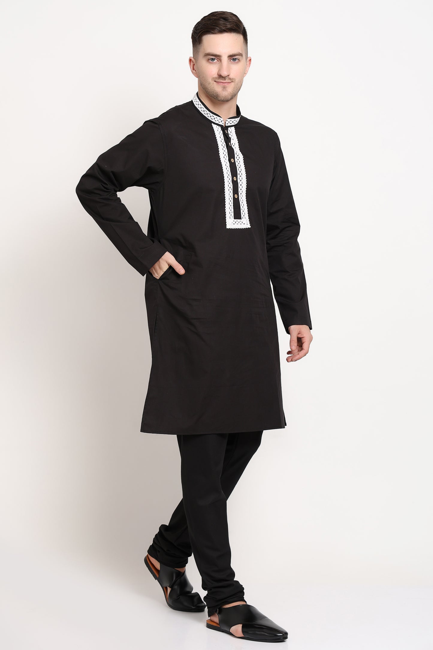 Black kurta with white embroidered placket