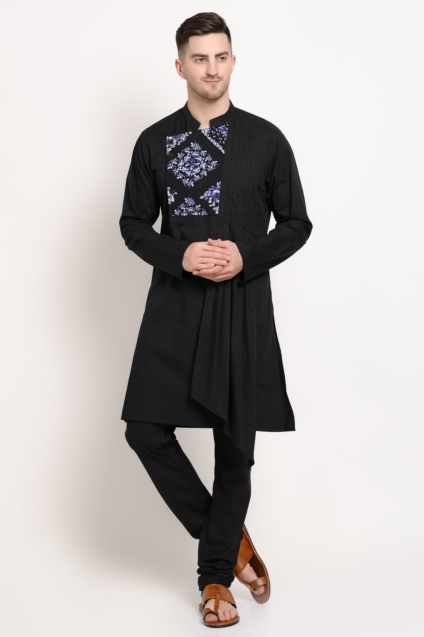 Black kurta with printed yoke design