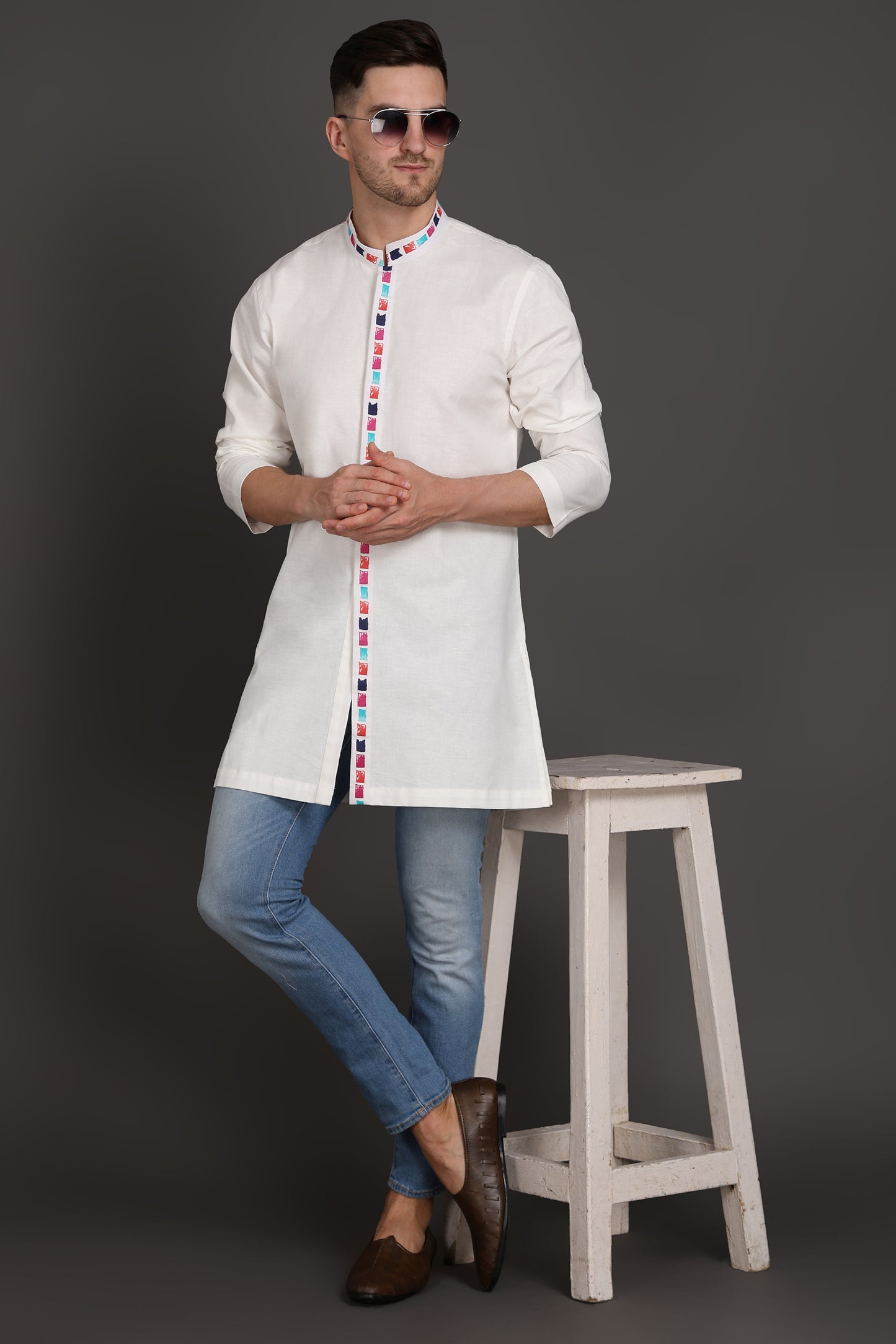 White Elegance kurta with printed Placket