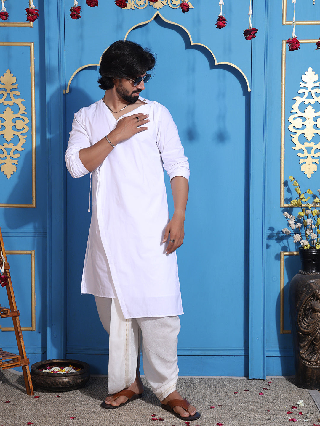 White layered kurta with V-neck and belt accent