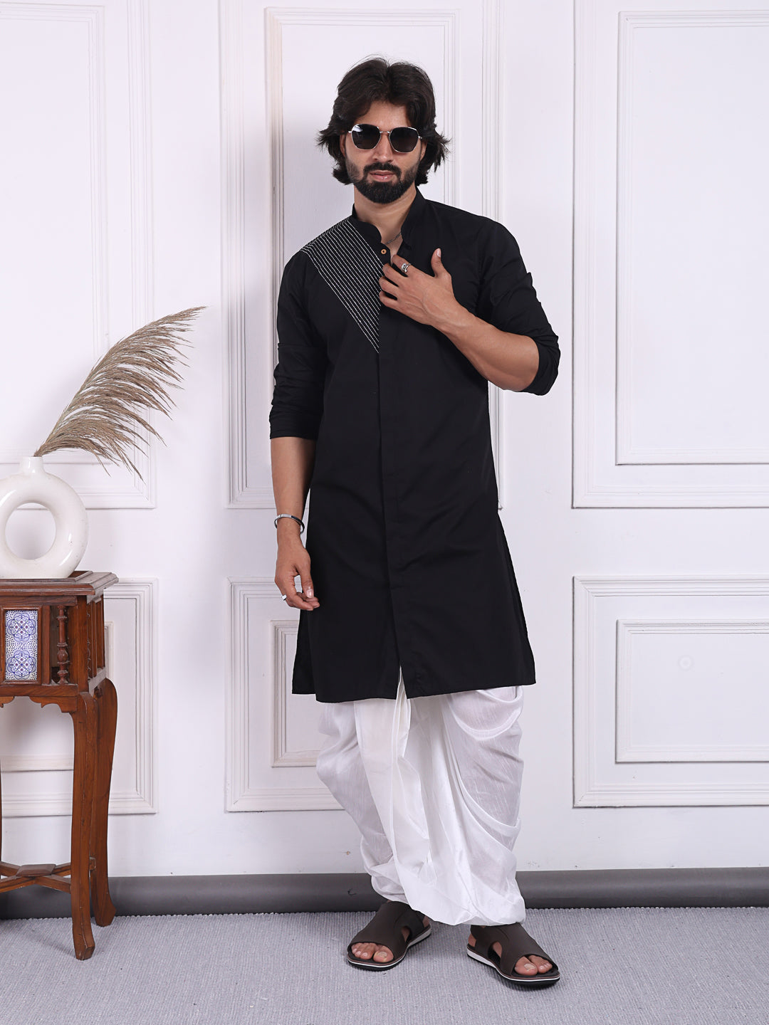 Black cotton kurta with silver thread detailing