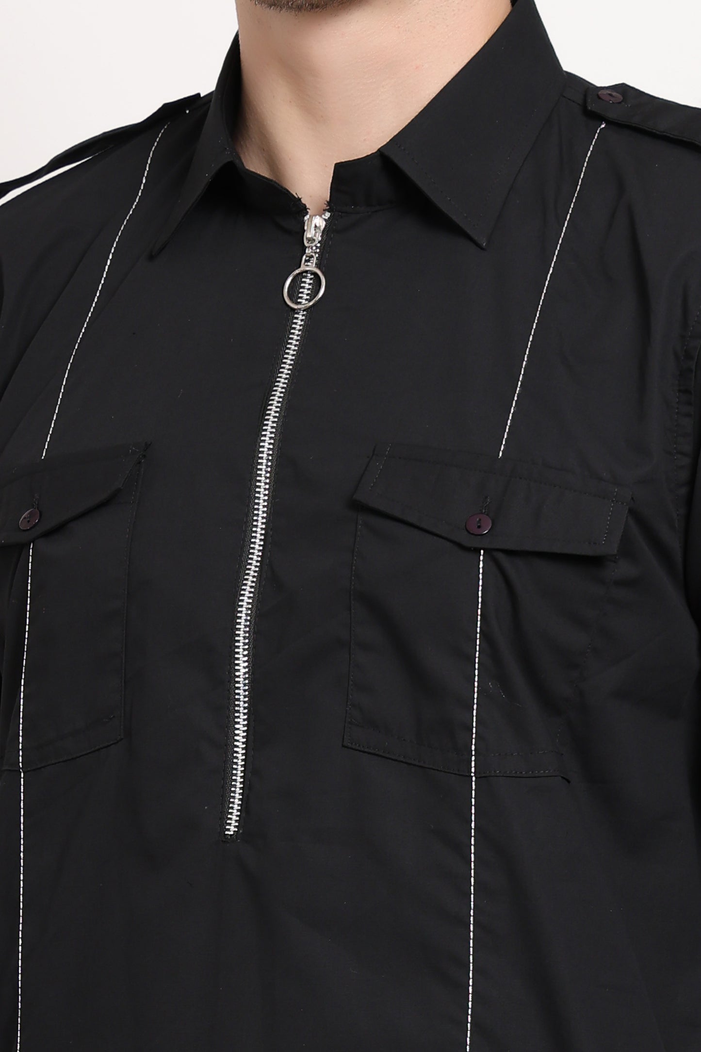 Urban Zip Kurta – Black Utility with Silver Stitch Detail