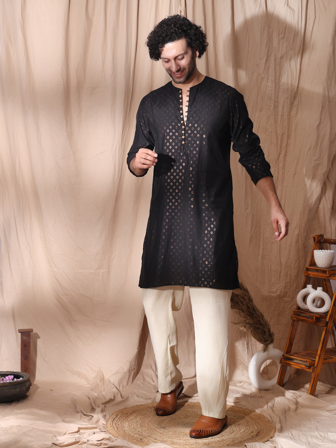 Men’s Straight Fit Ethnic Kurta with Button Loop Detailing