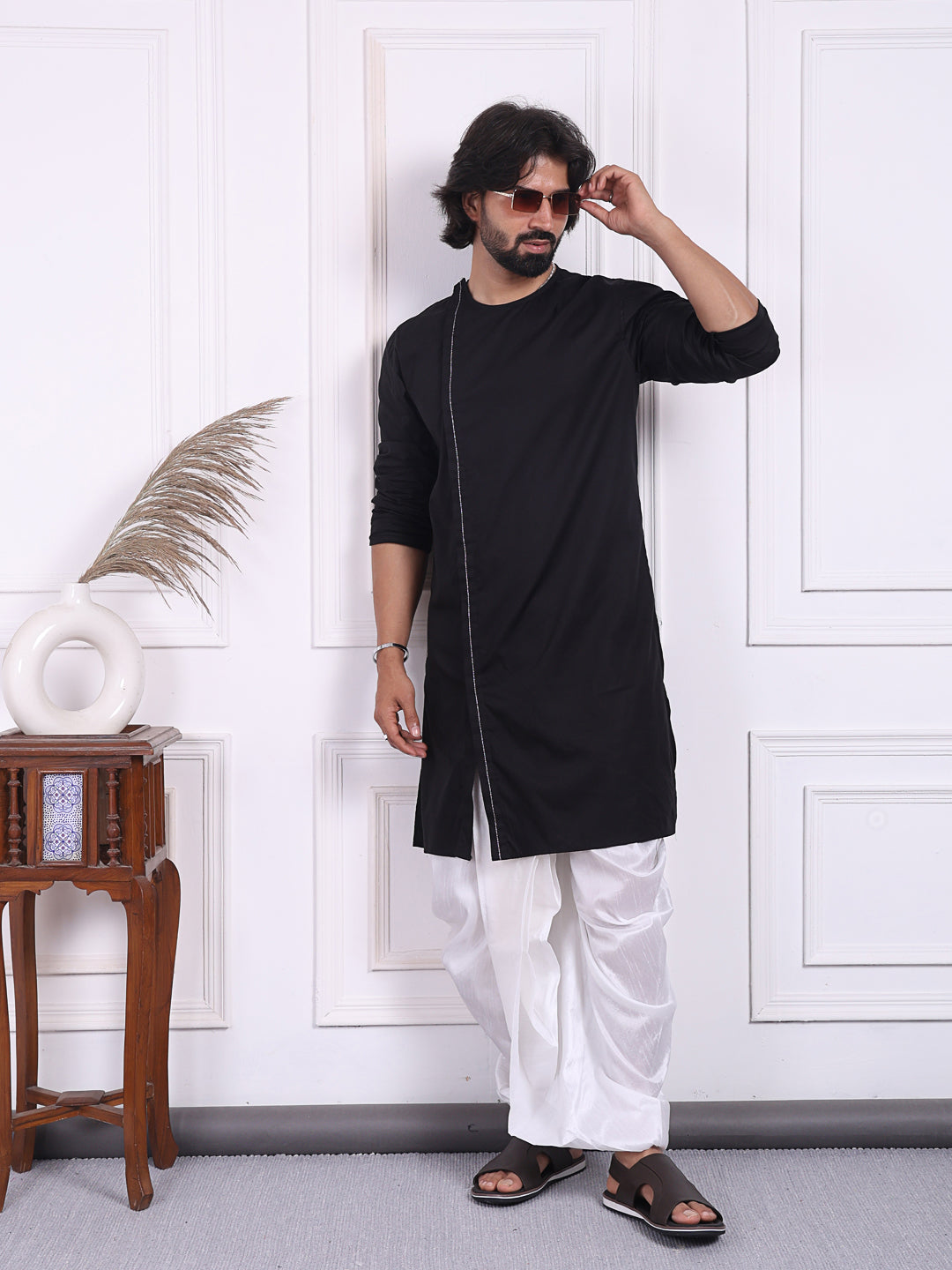 Black kurta in angrakha style for Men