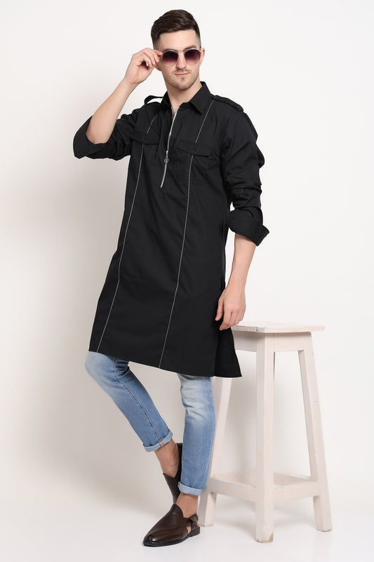 Urban Zip Kurta – Black Utility with Silver Stitch Detail