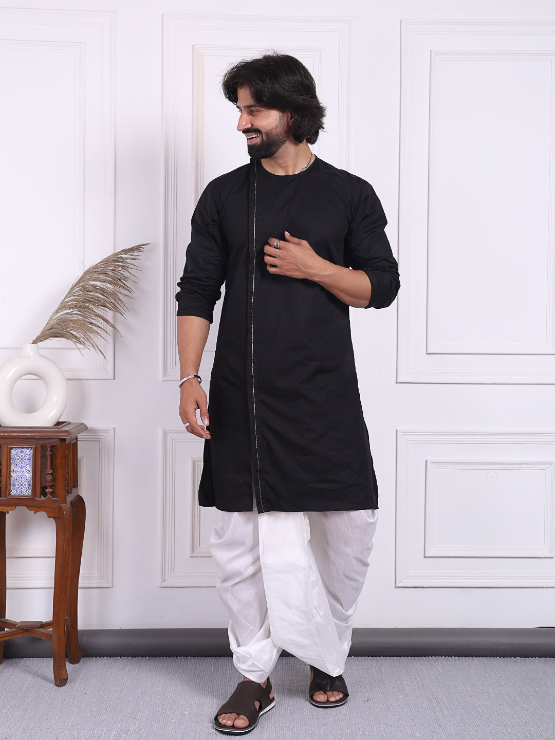 Black kurta in angrakha style for Men