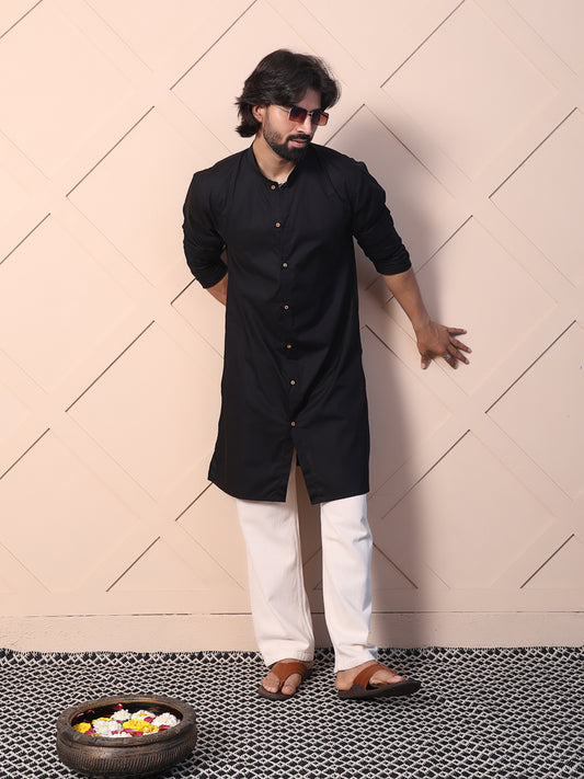 Solid black cotton kurta for men