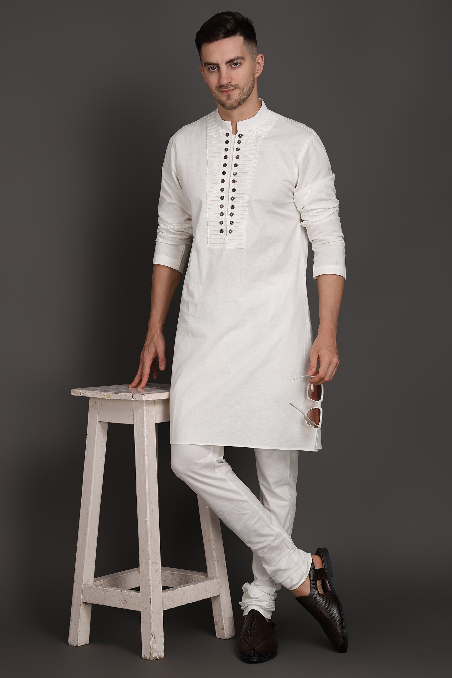 Pleated White Kurta With Wooden Button Detailing