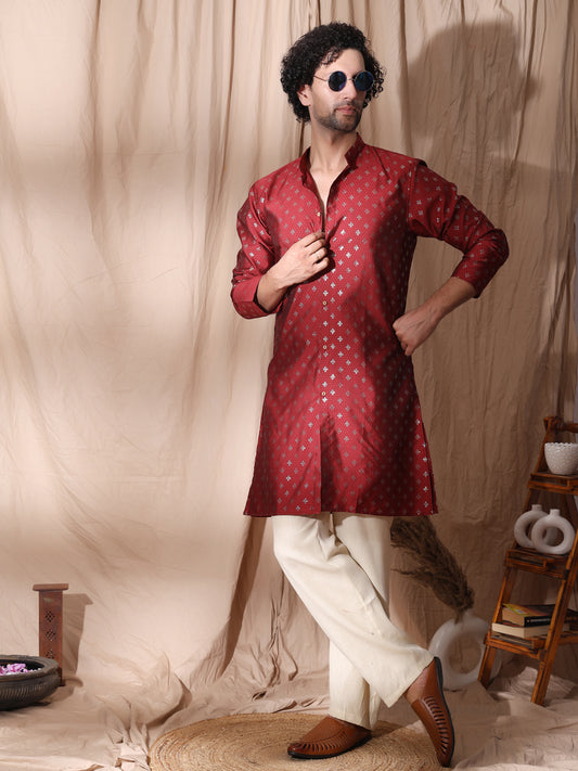 Side Slits Men Maroon Angrakha Styled Kurta