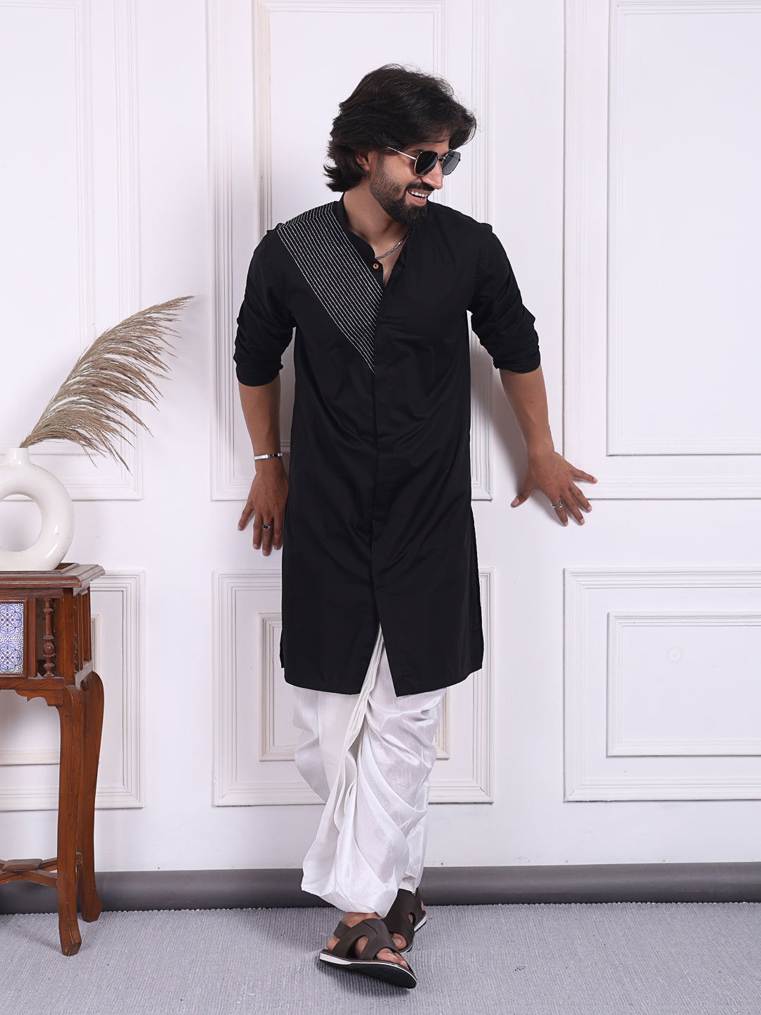 Black cotton kurta with silver thread detailing