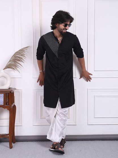 Black cotton kurta with silver thread detailing