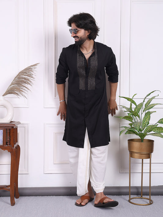 Black kurta with golden thread accents on the front