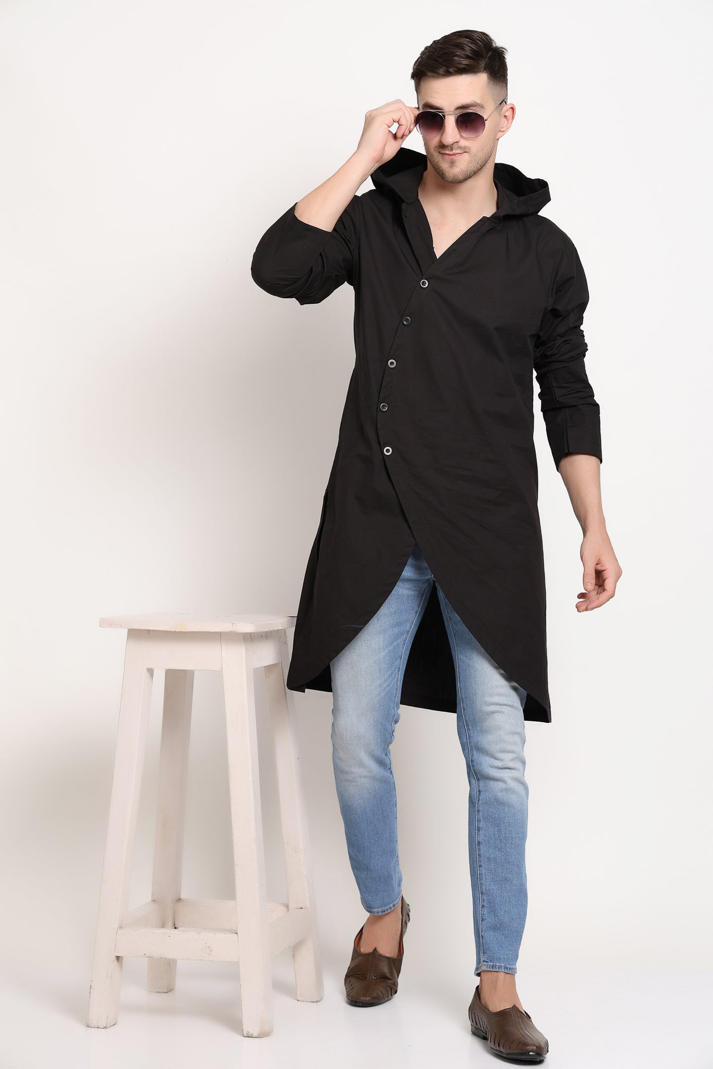Asymmetric Black Hooded Kurta With Diagonal Button