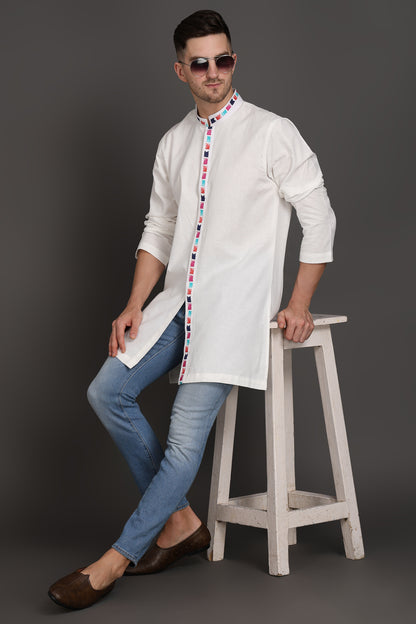 White Elegance kurta with printed Placket