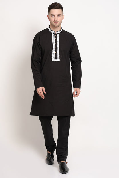 Black kurta with white embroidered placket