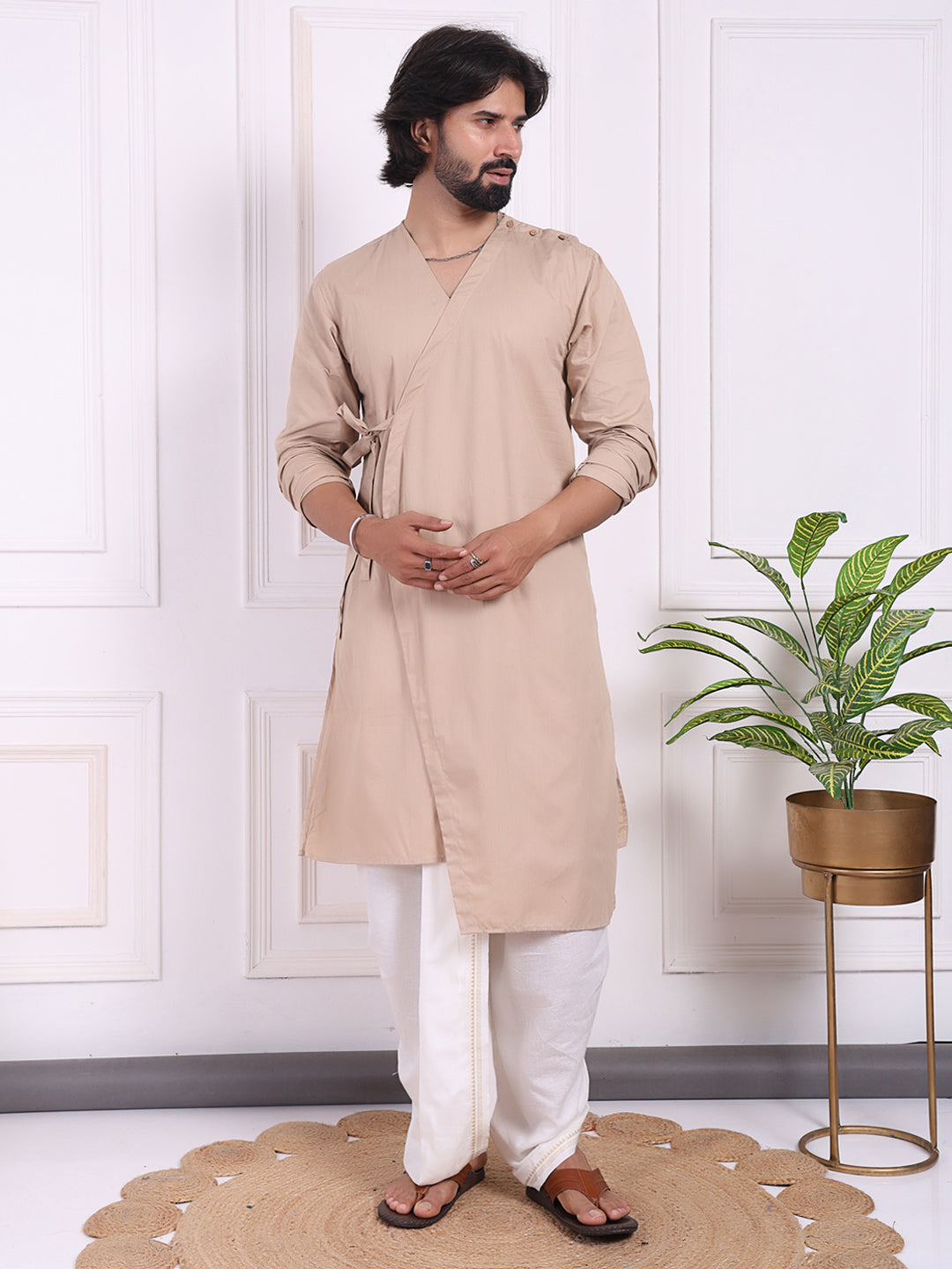 Beige layered kurta with V-neck and belt accent