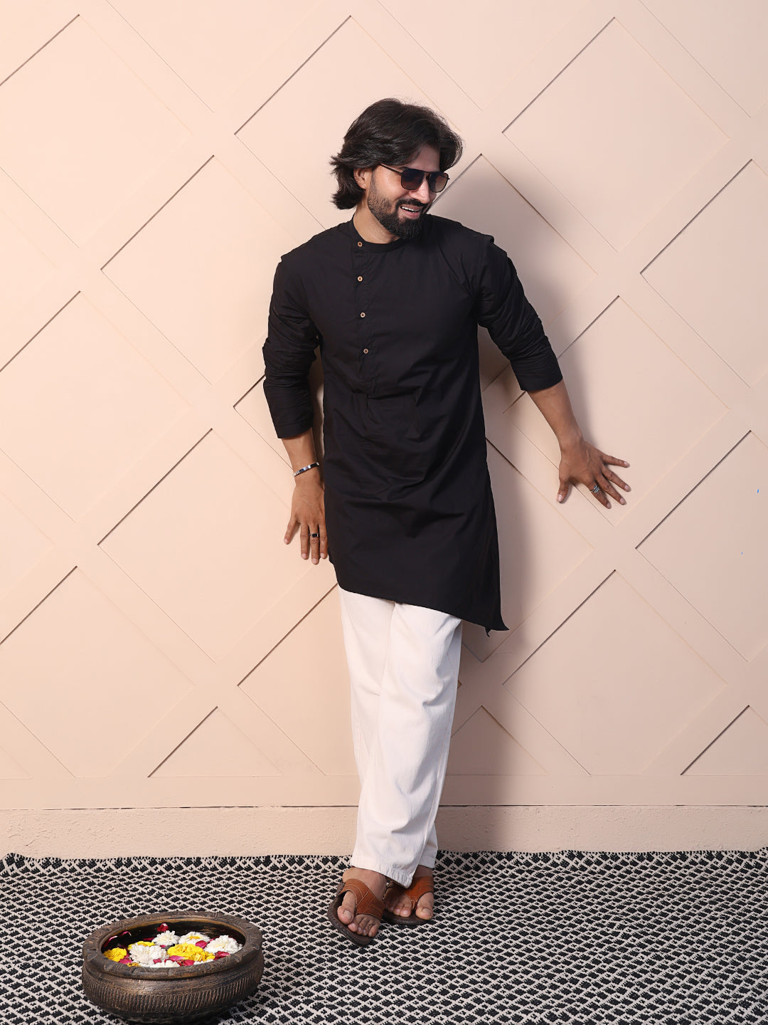 Black kurta with asymmetrical placket detailing