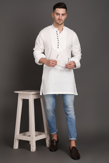 White Short Kurta With Wooden Button Detailing