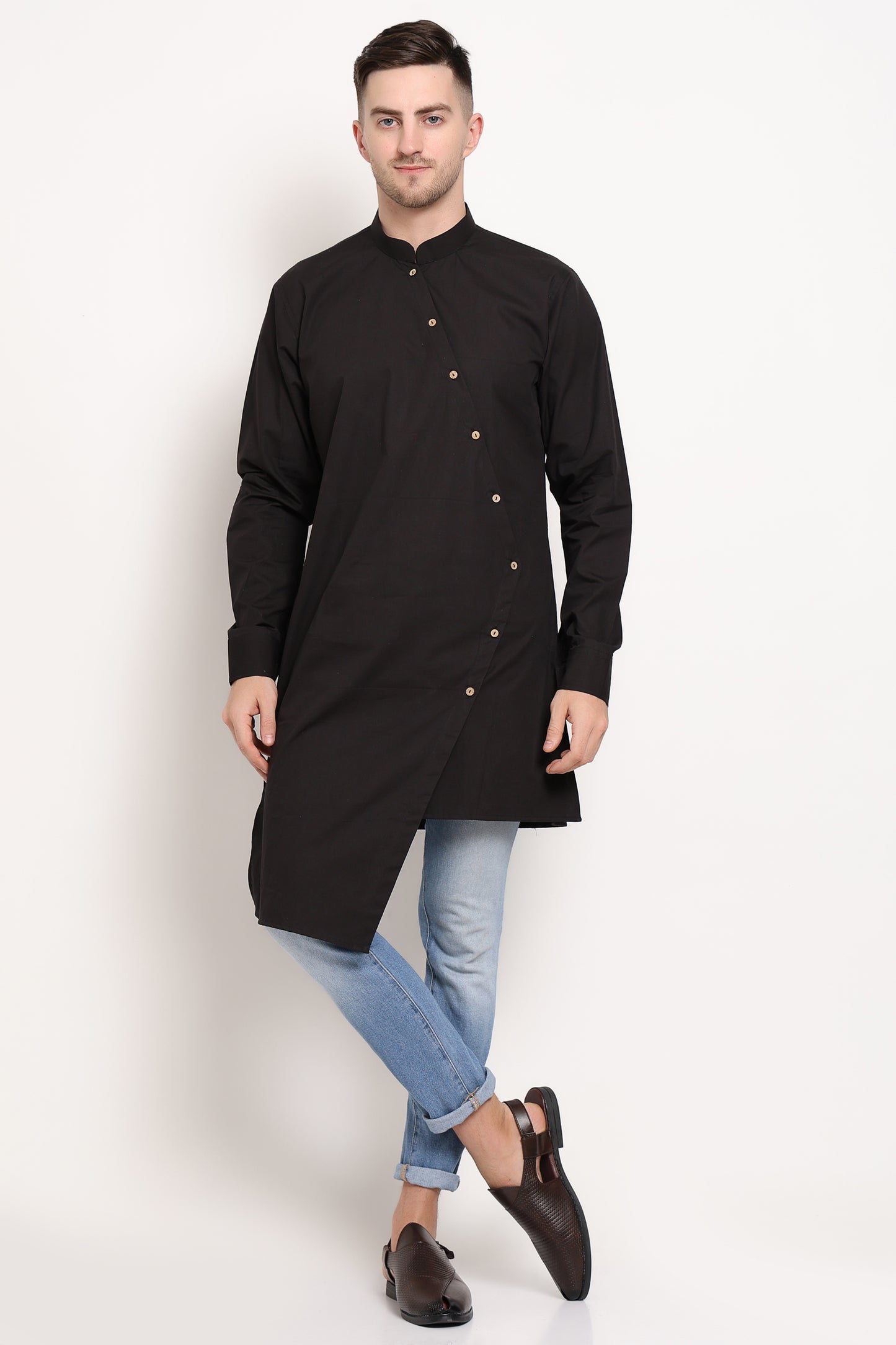 Diagonal Monarch Kurta – Black with Gold Button Trail