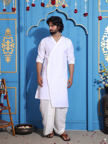 White layered kurta with V-neck and belt accent