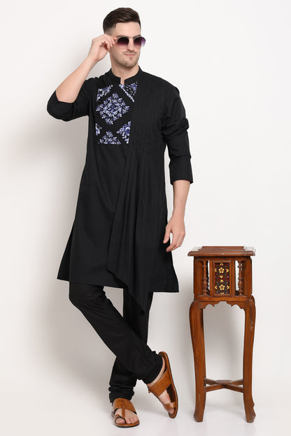 Black kurta with printed yoke design