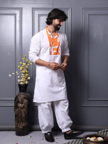 Long cotton kurta with printed yoke design