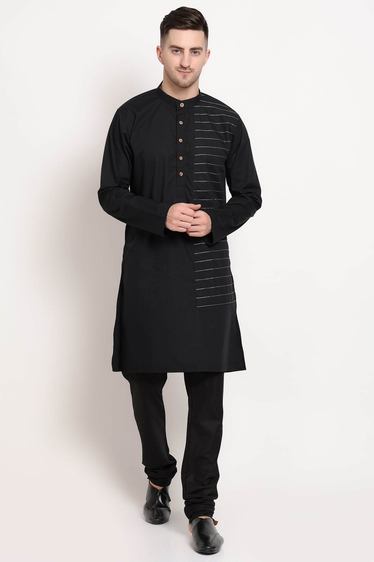 Linear Crest Kurta – Black with Horizontal Stripe Accent