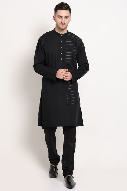 Linear Crest Kurta – Black with Horizontal Stripe Accent