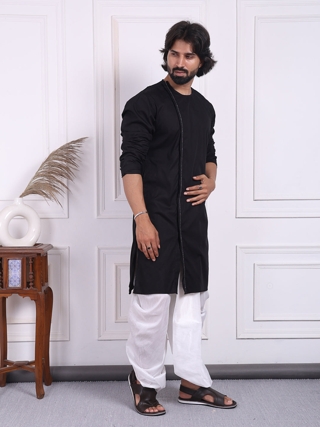 Black kurta in angrakha style for Men