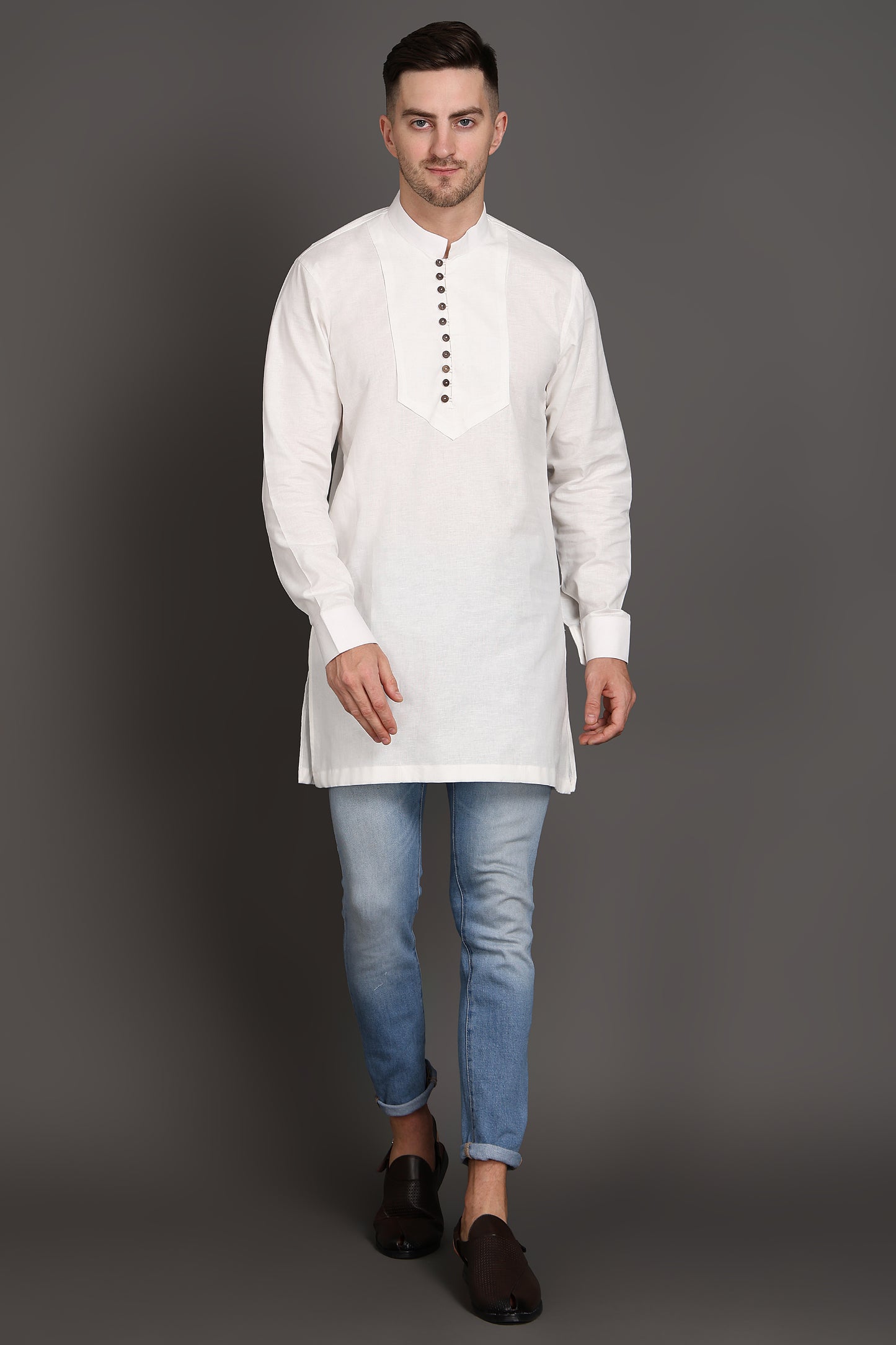 White Short Kurta With Wooden Button Detailing