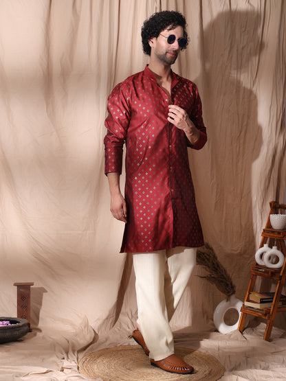 Side Slits Men Maroon Angrakha Styled Kurta