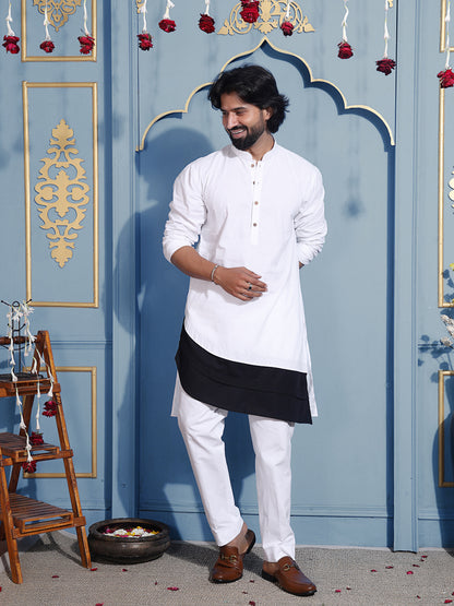 White kurta with mandarin collar and black hem