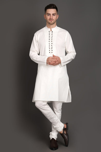 Pleated White Kurta With Wooden Button Detailing