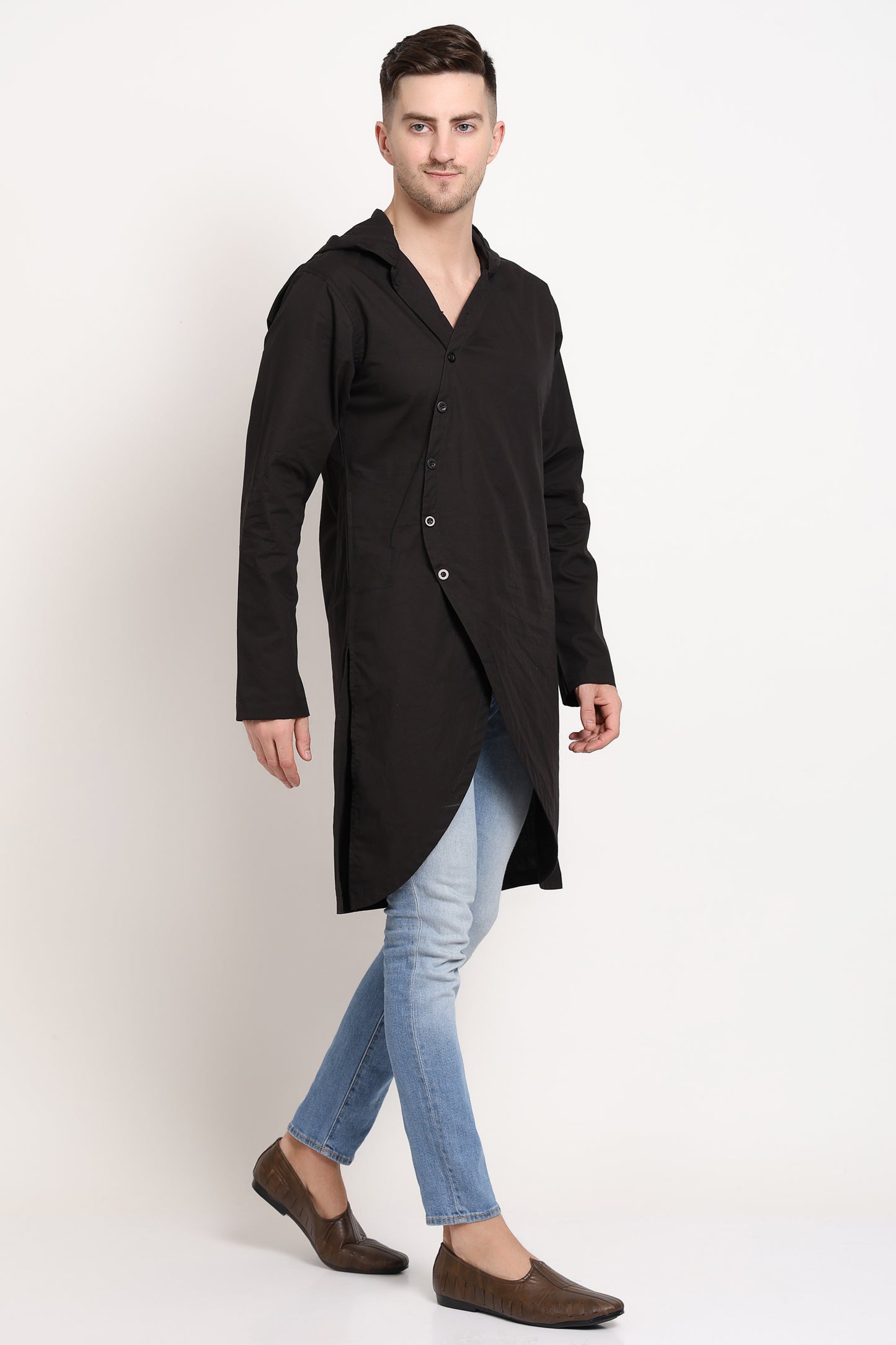 Asymmetric Black Hooded Kurta With Diagonal Button