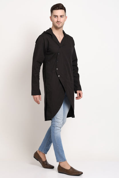 Asymmetric Black Hooded Kurta With Diagonal Button