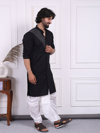 Black cotton kurta with silver thread detailing