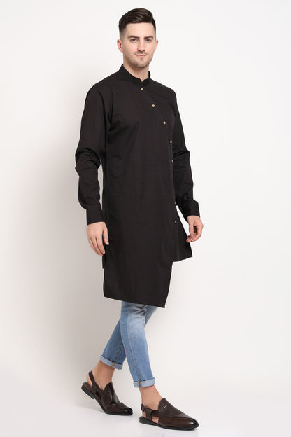 Diagonal Monarch Kurta – Black with Gold Button Trail