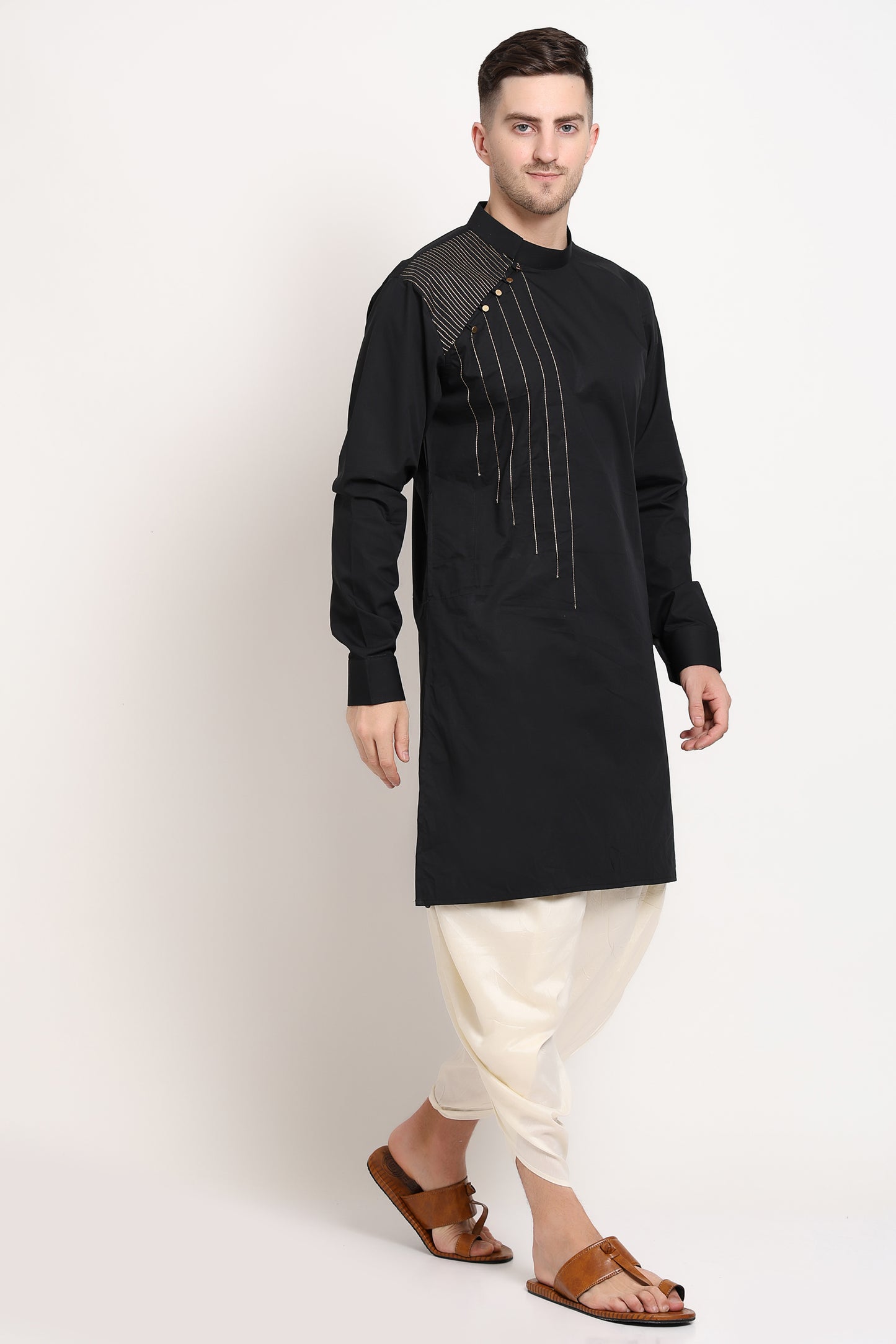Black elegance kurta with golden shoulder accent