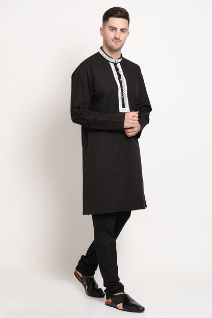 Black kurta with white embroidered placket
