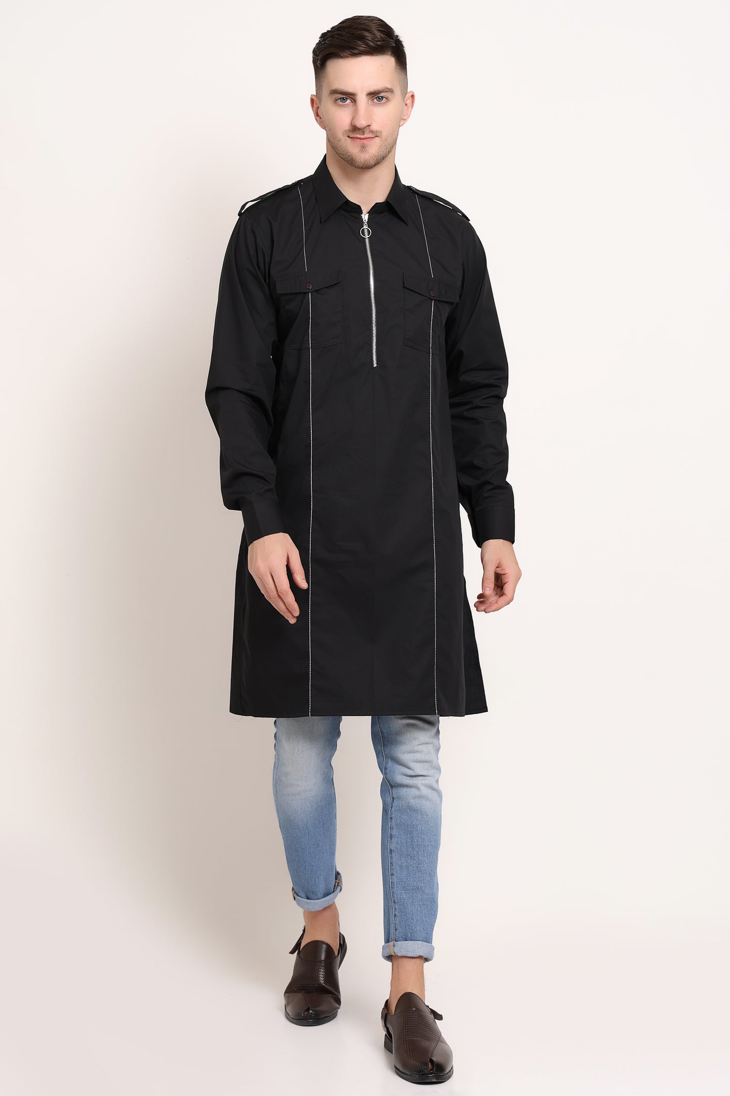 Urban Zip Kurta – Black Utility with Silver Stitch Detail