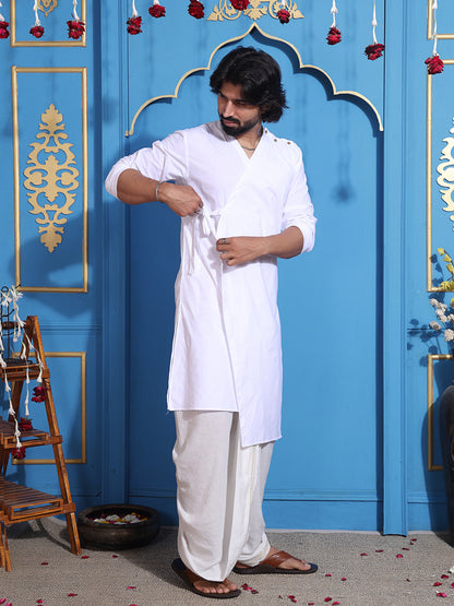 White layered kurta with V-neck and belt accent