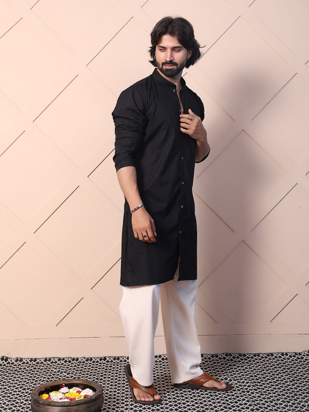 Solid black cotton kurta for men