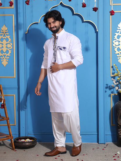 Men's white kurta with zipper closure