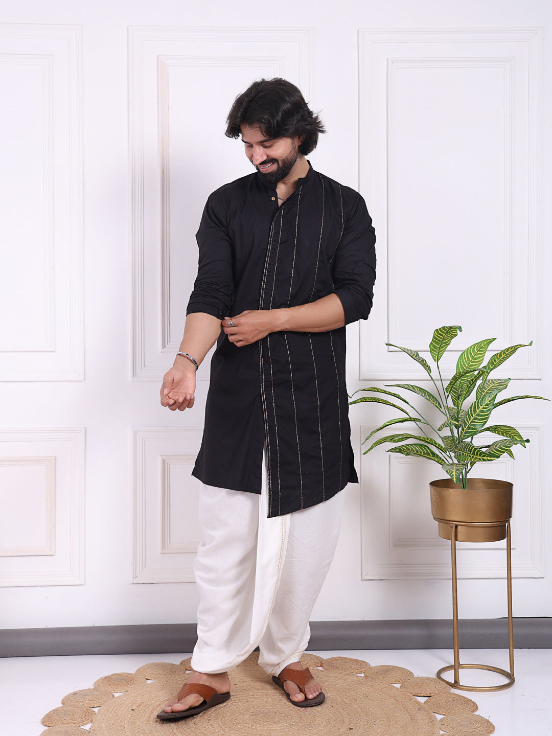 Black cotton kurta with golden thread detailing