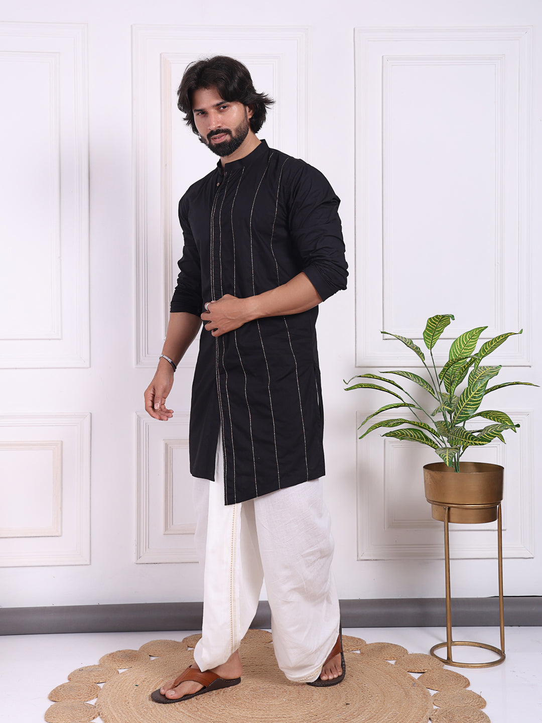 Black cotton kurta with golden thread detailing