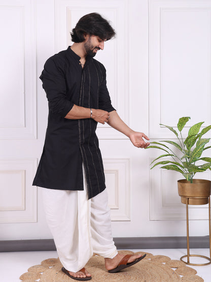 Black cotton kurta with golden thread detailing
