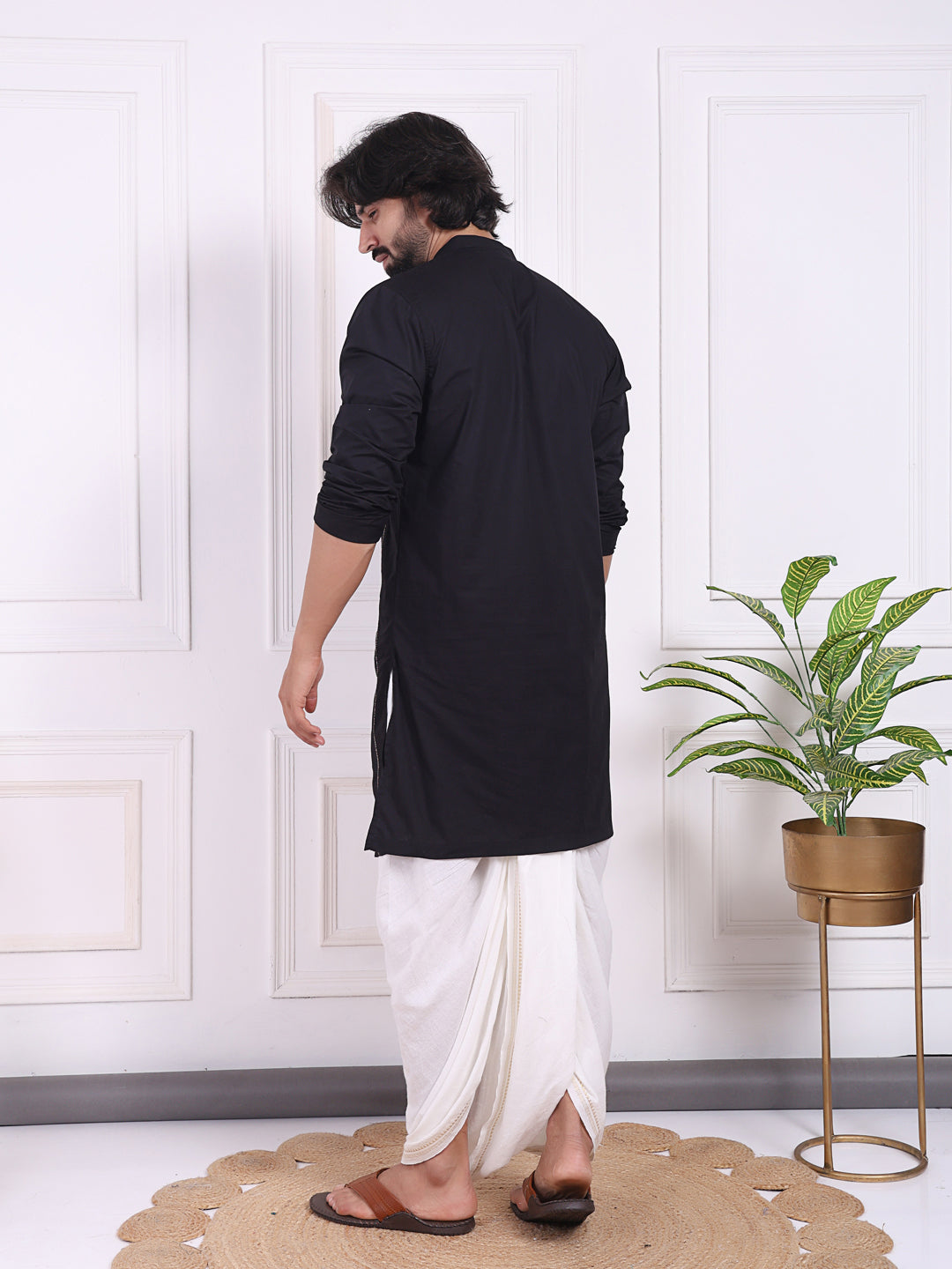 Black cotton kurta with golden thread detailing