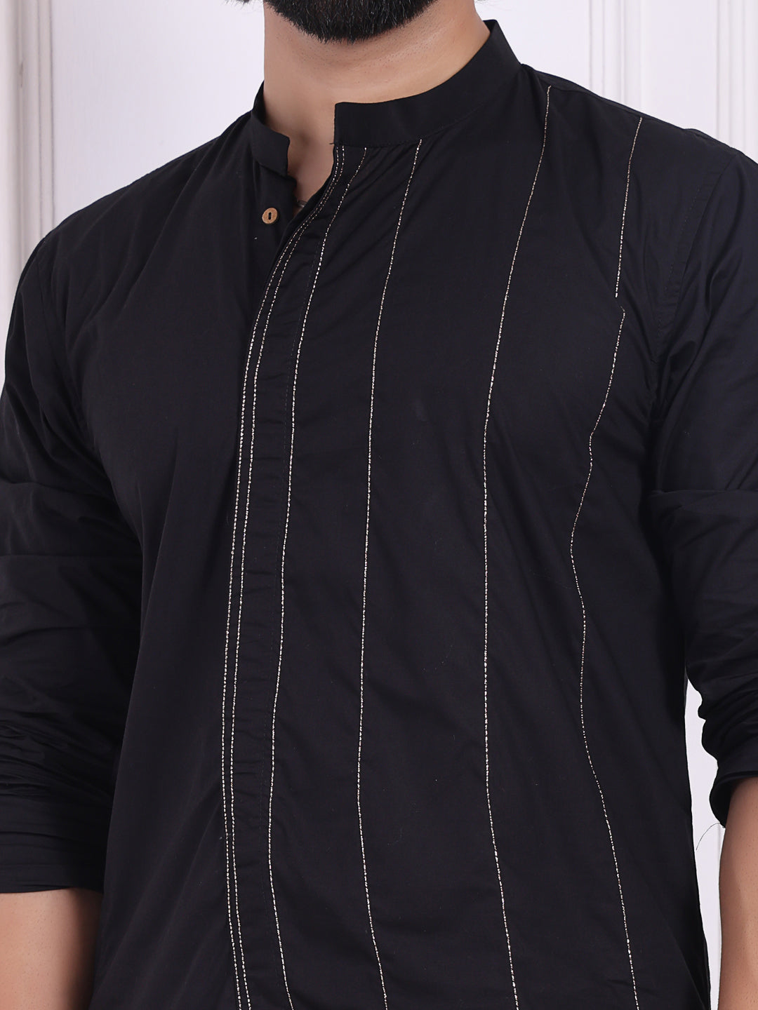 Black cotton kurta with golden thread detailing